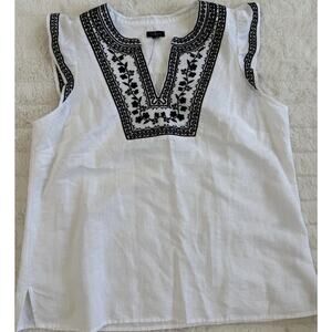 Talbots White Linen Cotton Embroidered Tunic Sleeveless Blouse Women's M